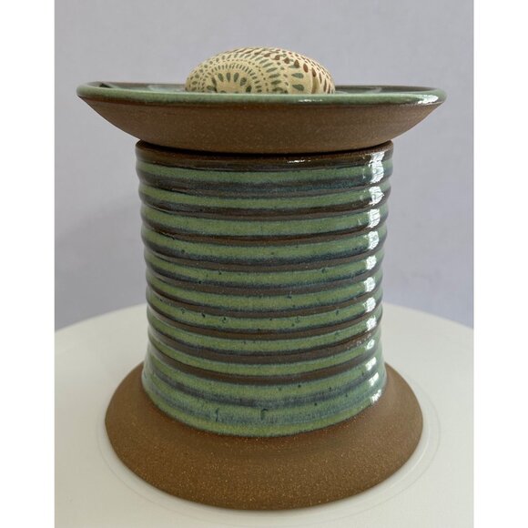 Handmade Green & Brown Pottery Spool Sewing Caddy Hole For Scissors Pin Cushion - Picture 3 of 6
